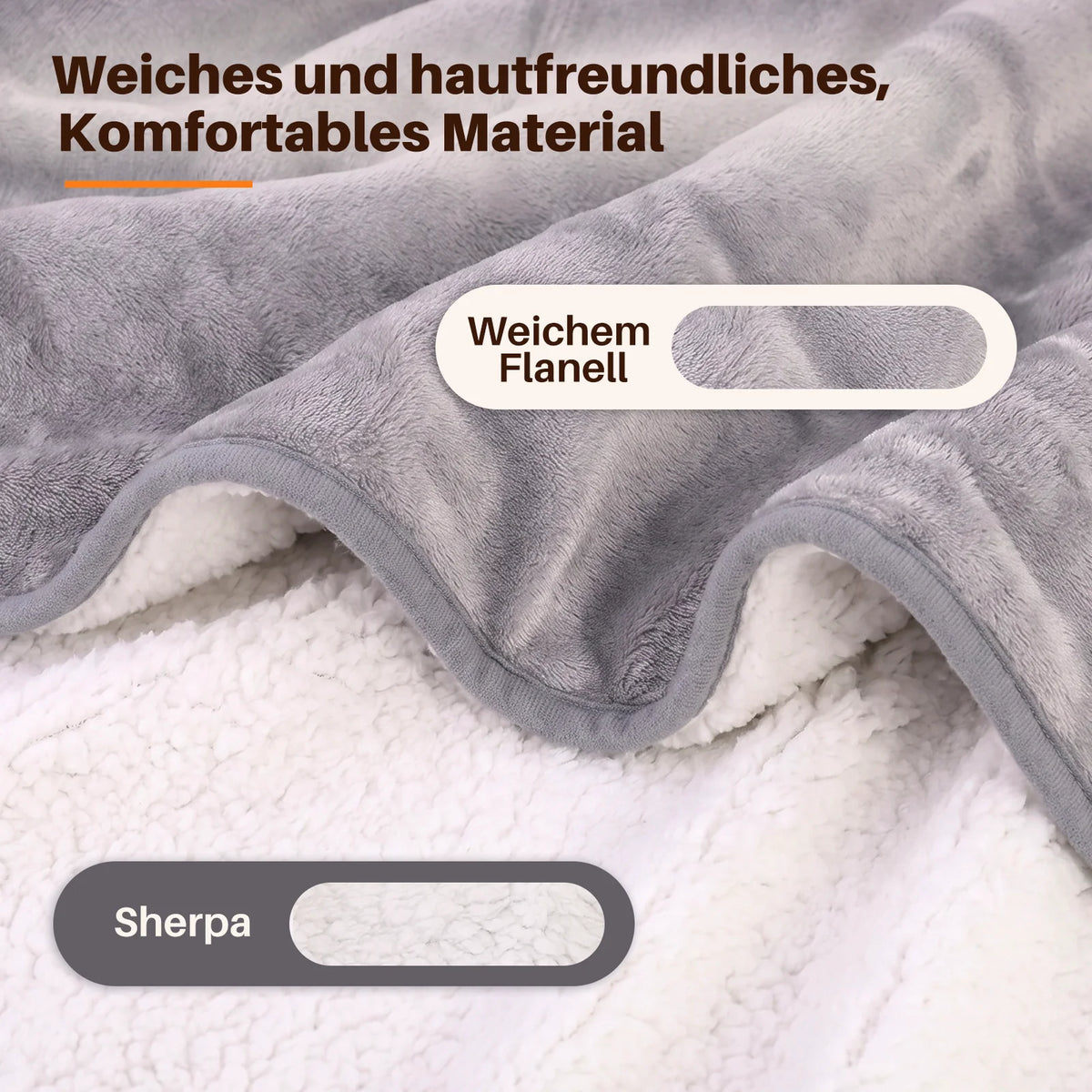 Couverture chauffante électrique 180 x 130 cm |     Flanelle douce et Sherpa |     6 niveaux de chauffage + minuterie de 10 heures |     Lavable en machine |     Avec protection contre la surchauffe