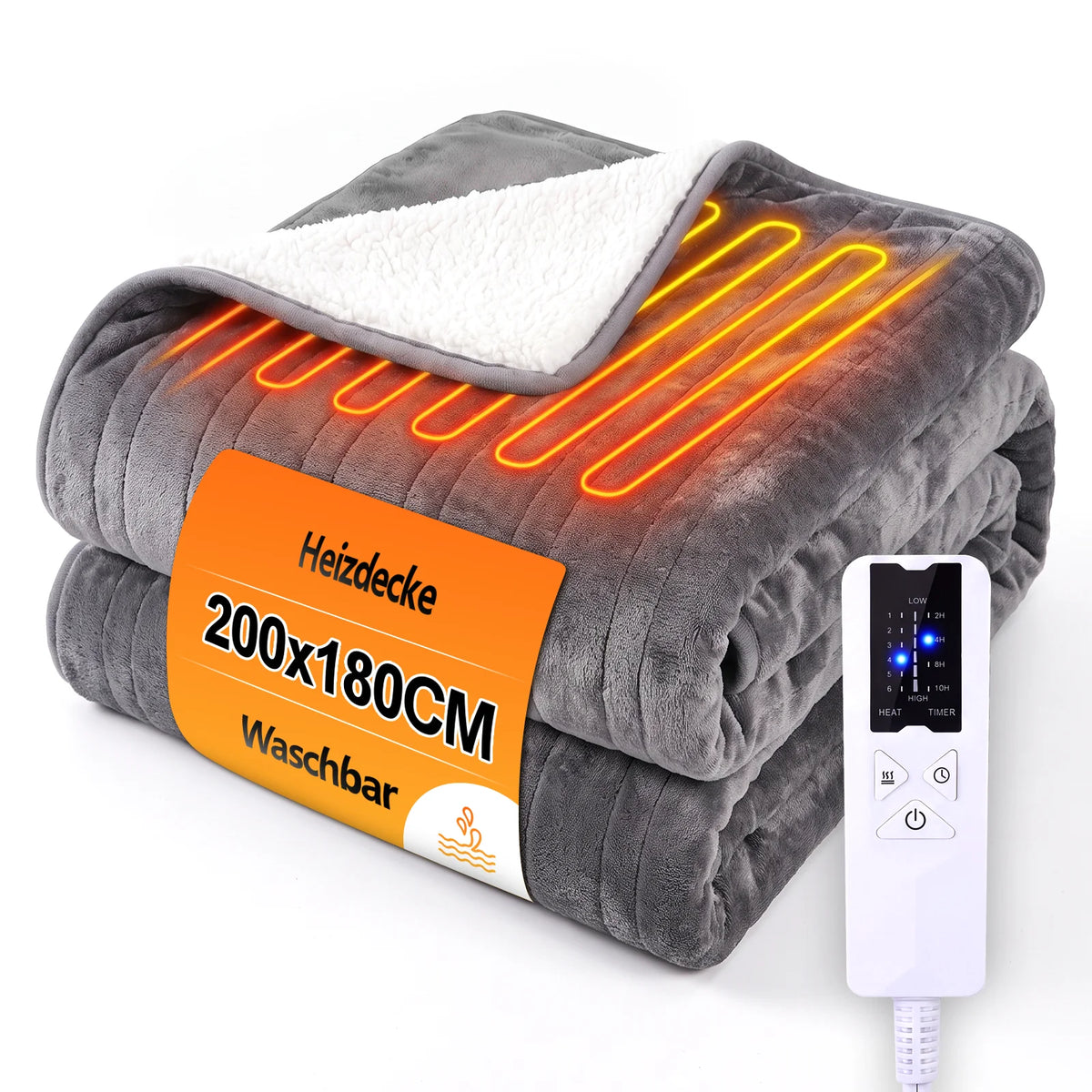 Couverture chauffante électrique 180 x 130 cm |     Flanelle douce et Sherpa |     6 niveaux de chauffage + minuterie de 10 heures |     Lavable en machine |     Avec protection contre la surchauffe