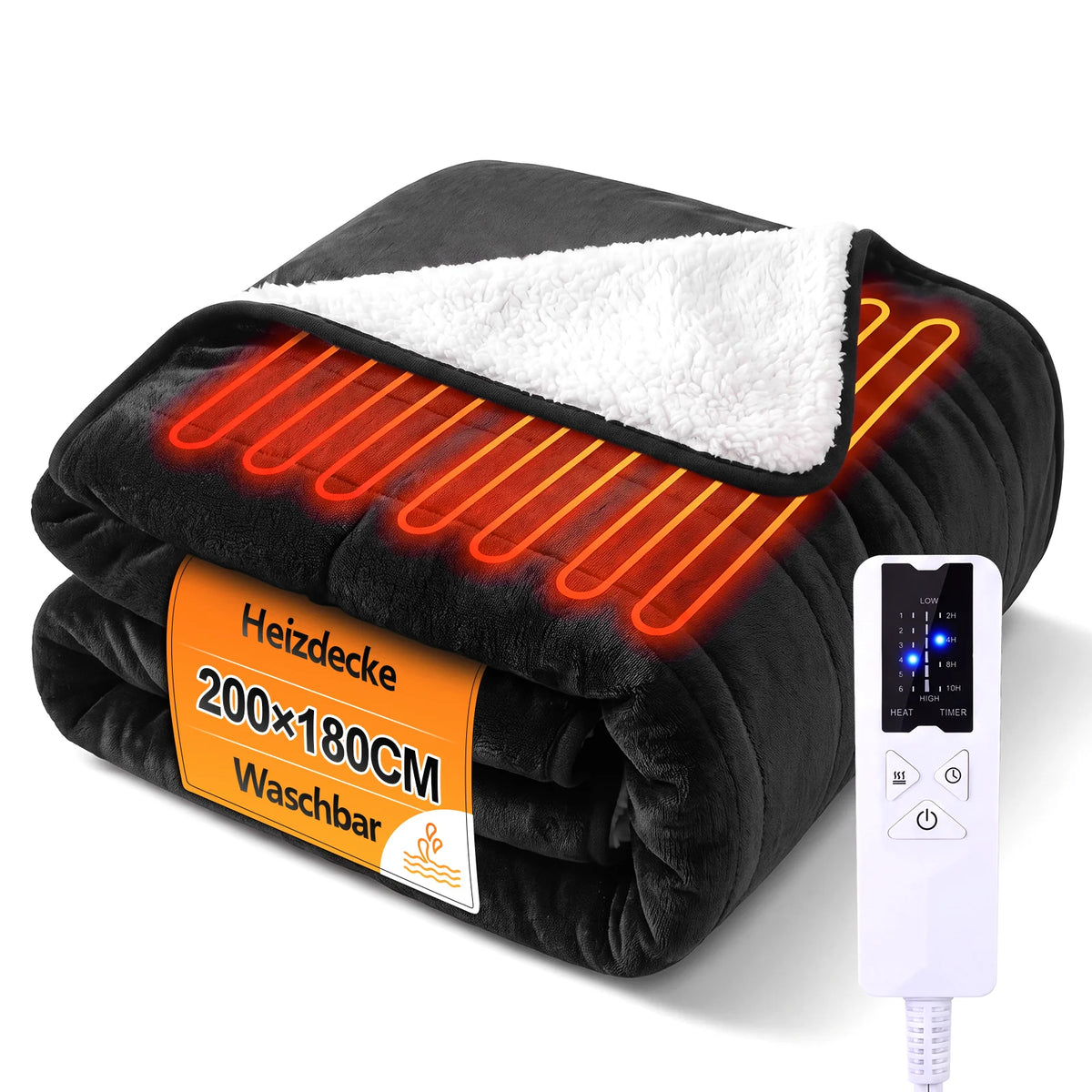 Couverture chauffante électrique 180 x 130 cm |     Flanelle douce et Sherpa |     6 niveaux de chauffage + minuterie de 10 heures |     Lavable en machine |     Avec protection contre la surchauffe